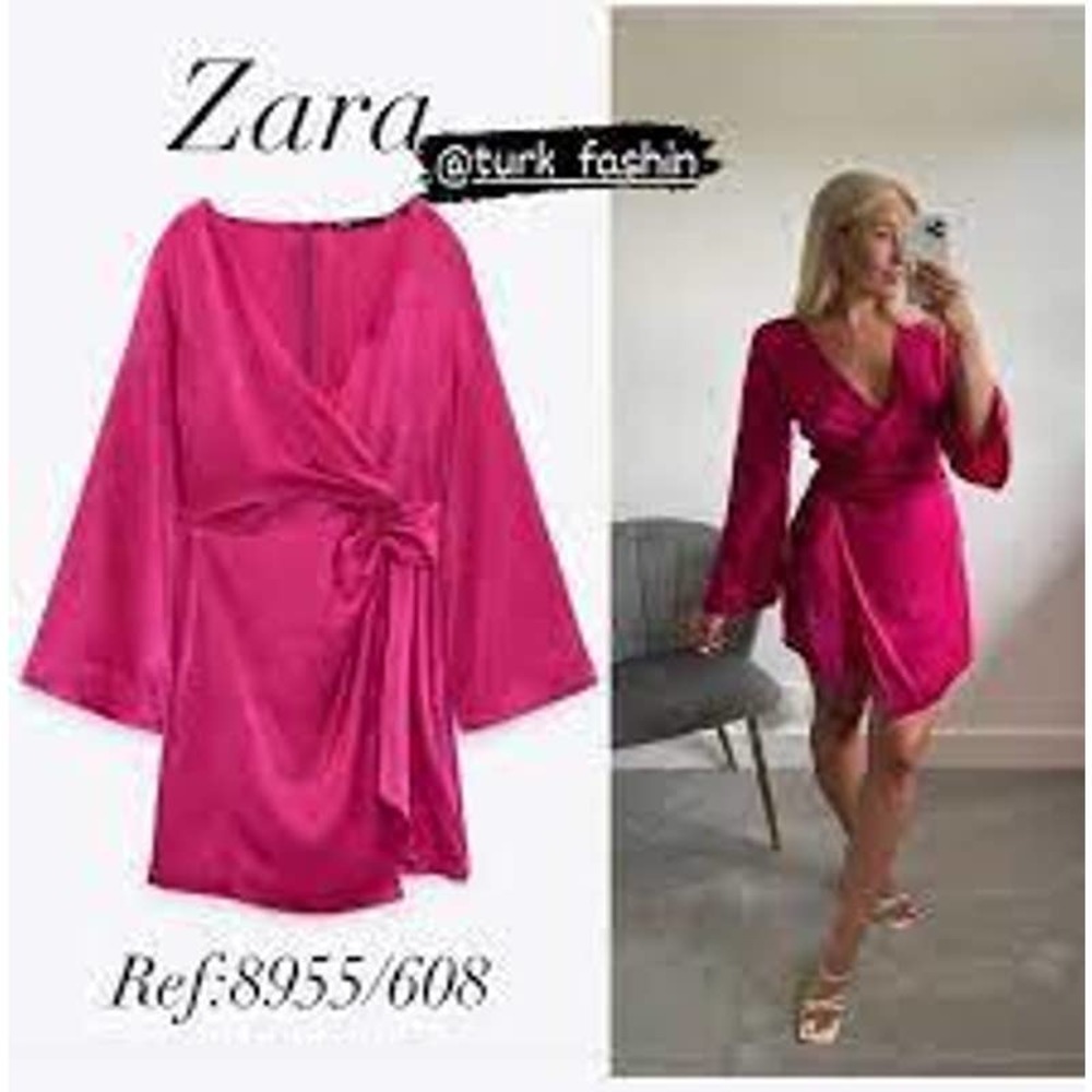 ZARA Pink Satin Wrap Dress Medium NWT